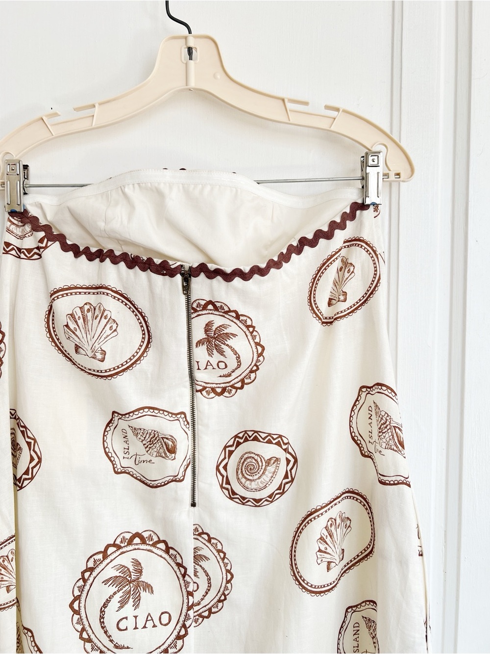 Kivari • Anthropologie Ciao Strapless Maxi Dress white linen print rickrack - Picture 13 of 15